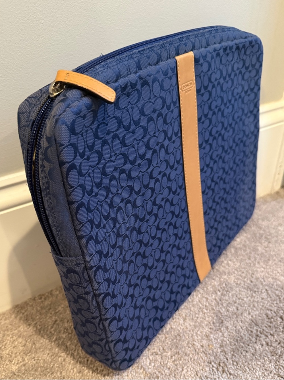 Coach Blue Signature Laptop Sleeve with Tan Accent - Picture 4 of 9